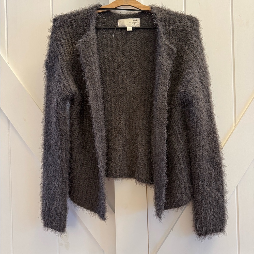 J.O.A. Los Angeles Fuzzy Knit Sweater Cardigan in Charcoal Gray
